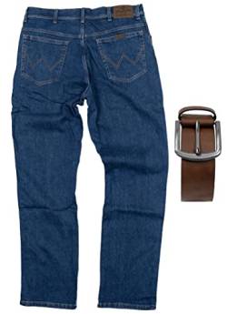 Regular Fit Wrangler Stretch Herren Jeans inkl. Texas Gürtel (Darkstone + Brauner Gürtel, W33/L30) von Regular Fit