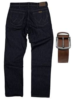 Regular Fit Wrangler Stretch Herren Jeans inkl. Texas Gürtel (Rinsewash + Brauner Gürtel, W44/L32) von Regular Fit