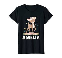 Rehkitz Mädchen Schriftzug Amelia T-Shirt von Reh Rehkitz Damen Mädchen Name Schriftzug