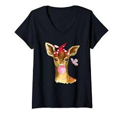 Damen Baby Reh Rehkitz Kaugummi Haarband Tierliebhaber Waldtier T-Shirt mit V-Ausschnitt von Reh Rehkitz mit Blumen Geschenk