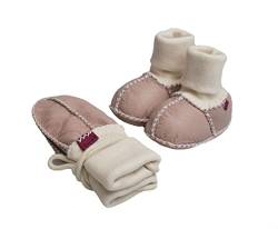 Reissner Lammfelle Lammfell Baby Booties und Fäustlinge Modell COLMAR jeweils mit Strickbündchen und Ziernaht im günstigen Set. BABY-BOOTIE-SET-ROS-22/23, Farbe rosa, Schuhgröße 22/23 von Reissner Lammfelle