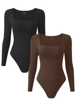 Relety Shapewear-Bodys für Damen, Bauchkontrolle, langärmelig, quadratischer Ausschnitt, gerippt, Kompressions-Körperformer, 2 Stück: Schwarz und Kaffee, M von Relety