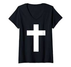 Damen Christlich Religiös Frauen Männer Gott Jesus Kreuz T-Shirt mit V-Ausschnitt von Religion Kirche Damen Herren Christlicher Glaube