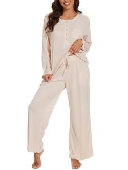 Damen Schlafanzug Langarm Pyjama Set Rundhals Knopf Oberteil Pyjamahose mit Elastischer Bund Taschen Zweiteiliger Hausanzug Nachtwäsche Lounge Sets für Home Outdoor von Reliwel