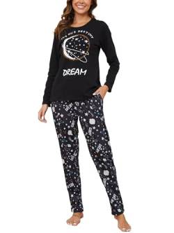 Reliwel Damen Schlafanzug Lang Pyjama Set Baumwolle Soft Zweiteiliger Nachtwäsche Drucken Rundhals Langarm Oberteil und Hose mit Elastischer Bund Taschen Loungewear Hausanzug Sleepwear von Reliwel