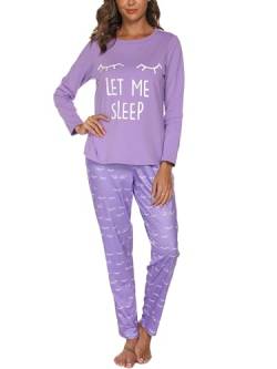 Reliwel Damen Schlafanzug Lang Pyjama Set Baumwolle Soft Zweiteiliger Nachtwäsche Drucken Rundhals Langarm Oberteil und Hose mit Elastischer Bund Taschen Loungewear Hausanzug Sleepwear von Reliwel