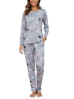 Reliwel Damen Schlafanzug Lang Pyjama Set Baumwolle Soft Zweiteiliger Nachtwäsche Drucken Rundhals Langarm Oberteil und Hose mit Elastischer Bund Taschen Loungewear Hausanzug Sleepwear von Reliwel