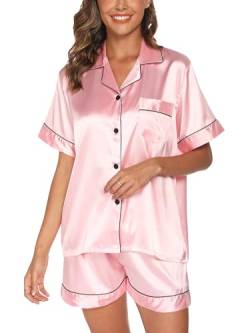 Reliwel Satin Pyjama Damen Zweiteiler Kurz Schlafanzug Set mit Knopfleiste V-Ausschnitt Frauen Seide Nachtwäsche mit Shorts Hausanzug Loungewear S-2XL von Reliwel