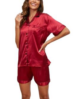 Reliwel Satin Pyjama Damen Zweiteiler Kurz Schlafanzug Set mit Knopfleiste V-Ausschnitt Frauen Seide Nachtwäsche mit Shorts Hausanzug Loungewear S-2XL von Reliwel