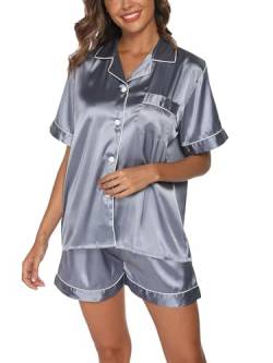 Reliwel Satin Pyjama Damen Zweiteiler Kurz Schlafanzug Set mit Knopfleiste V-Ausschnitt Frauen Seide Nachtwäsche mit Shorts Hausanzug Loungewear S-2XL von Reliwel