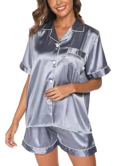 Reliwel Satin Pyjama Damen Zweiteiler Kurz Schlafanzug Set mit Knopfleiste V-Ausschnitt Frauen Seide Nachtwäsche mit Shorts Hausanzug Loungewear S-2XL von Reliwel