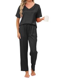 Reliwel Satin Pyjama Damen Zweiteiler Satin Schlafanzug Damen Elegant Silk Pyjama Set Nachtwäsche Hausanzug Kurzarmshirt & Pyjamahose Weich Pj Sets für alle Jahreszeiten von Reliwel