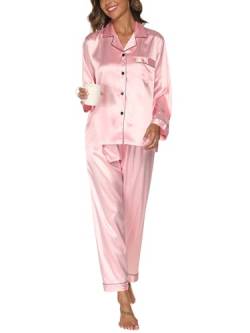 Reliwel Satin Pyjama Damen mit Knopfleiste Zweiteiliger Schlafanzug Langarm Pyjamas Set V-Ausschnitt Nachtwäsche Cozy Klassische Loungewear Hausanzug für Alle Jahreszeiten von Reliwel