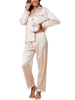 Reliwel Satin Pyjama Damen mit Knopfleiste Zweiteiliger Schlafanzug Langarm Pyjamas Set V-Ausschnitt Nachtwäsche Cozy Klassische Loungewear Hausanzug für Alle Jahreszeiten von Reliwel