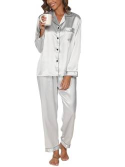 Reliwel Satin Pyjama Damen mit Knopfleiste Zweiteiliger Schlafanzug Langarm Pyjamas Set V-Ausschnitt Nachtwäsche Cozy Klassische Loungewear Hausanzug für Alle Jahreszeiten von Reliwel