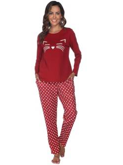 Reliwel Schlafanzug Damen Baumwolle Zweiteiliger Pyjama Set Lang Rundhals Oberteil und Schlafanzughose Süßer Katzendruck Sleepewear Loungewear Hausanzug Freizeitanzug von Reliwel