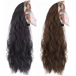 65 cm/26 Zoll einteilige lange gewellte Haarverlängerung für Damen mit Haarband (Brauner Hintergrund,Farbiges Stirnband) von Remanbo