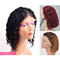 Full Frontal Bob Wig Human Hair Water Wavy Hand Tied for Woman for Hair Loss (4 * 4 Wein Rot,12inch) von Remanbo