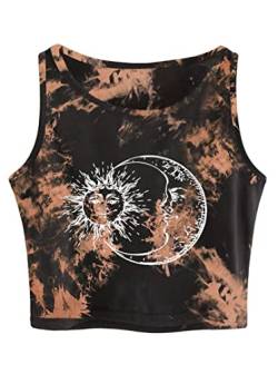 Remidoo Damen Casual Ärmellos Grafik Cropped Top Rundhals Tank Top Shirts, Braune Batik-Sonne, Groß von Remidoo