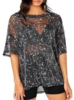 Remidoo Damen Casual Glitter Mesh Sheer Top Kurzarm Rundhals T-Shirt Bluse, Schwarz, Groß von Remidoo