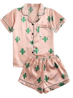 Remidoo Damen Kurzarm Button Down Satin 2-teiliges Pyjama-Set Nachtwäsche, Kaktus Pink, XS von Remidoo