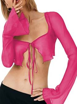 Remidoo Damen Sexy Tie Up Open Front Langarm Sheer Mesh Crop Top Durchsichtig Cardigan Shirt, Knallpink (Hot Pink), Mittel von Remidoo