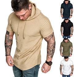 Herren Kurzarm Hoodie T-Shirt Classics Kapuzenpullover für Herren Dehnbar Leicht Sweatshirts Fitness Sport Kurzarm Muscle Sweatshirt Khaki M von Remxi