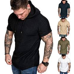 Herren Kurzarm Hoodie T-Shirt Classics Kapuzenpullover für Herren Dehnbar Leicht Sweatshirts Fitness Sport Kurzarm Muscle Sweatshirt Schwarz 3XL von Remxi