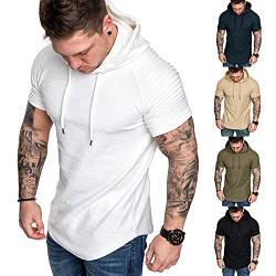 Herren Kurzarm Hoodie T-Shirt Classics Kapuzenpullover für Herren Dehnbar Leicht Sweatshirts Fitness Sport Kurzarm Muscle Sweatshirt Weiß XL von Remxi