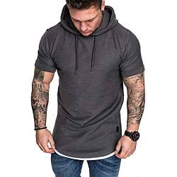 Herren Kurzarm Kapuzenpullover T-Shirt Freizeit Fitness Dehnbar Leicht Hoodie Kurzarm Muscle Sweatshirt für Herren Grau M von Remxi