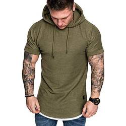 Herren Kurzarm Kapuzenpullover T-Shirt Freizeit Fitness Dehnbar Leicht Hoodie Kurzarm Muscle Sweatshirt für Herren Grün M von Remxi