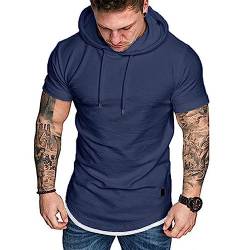 Herren Kurzarm Kapuzenpullover T-Shirt Freizeit Fitness Dehnbar Leicht Hoodie Kurzarm Muscle Sweatshirt für Herren Navy L von Remxi