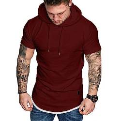 Herren Kurzarm Kapuzenpullover T-Shirt Freizeit Fitness Dehnbar Leicht Hoodie Kurzarm Muscle Sweatshirt für Herren Rot XL von Remxi