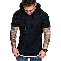 Herren Kurzarm Kapuzenpullover T-Shirt Freizeit Fitness Dehnbar Leicht Hoodie Kurzarm Muscle Sweatshirt für Herren Schwarz M von Remxi