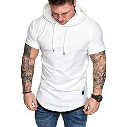 Herren Kurzarm Kapuzenpullover T-Shirt Freizeit Fitness Dehnbar Leicht Hoodie Kurzarm Muscle Sweatshirt für Herren Weiß XXL von Remxi