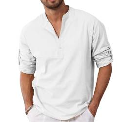 Herren Leinenhemden Solid Shirts Kurzarm Casual Henley Shirt T-Shirt Sommer Henley Hemd aus Baumwolle Leinenhemd für Männer, Solidblanc, L von Remxi