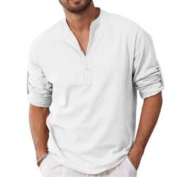 Herren Leinenhemden Solid Shirts Kurzarm Casual Henley Shirt T-Shirt Sommer Henley Hemd aus Baumwolle Leinenhemd für Männer, Solidblanc, XL von Remxi
