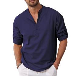 Herren Leinenhemden Solid Shirts Kurzarm Casual Henley Shirt T-Shirt Sommer Henley Hemd aus Baumwolle Leinenhemd für Männer, Solidbleumarin, XXL von Remxi