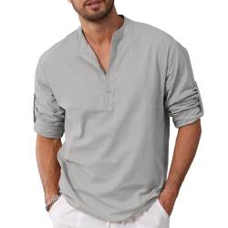 Herren Leinenhemden Solid Shirts Kurzarm Casual Henley Shirt T-Shirt Sommer Henley Hemd aus Baumwolle Leinenhemd für Männer, Solidgrau, 56 von Remxi