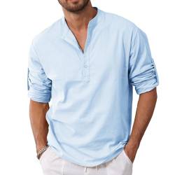 Herren Leinenhemden Solid Shirts Kurzarm Casual Henley Shirt T-Shirt Sommer Henley Hemd aus Baumwolle Leinenhemd für Männer, Solidhellblau, M von Remxi