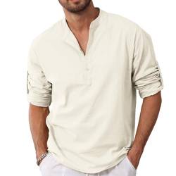 Herren Leinenhemden Solid Shirts Kurzarm Casual Henley Shirt T-Shirt Sommer Henley Hemd aus Baumwolle Leinenhemd für Männer, aprikose, M von Remxi