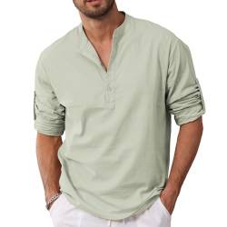 Herren Leinenhemden Solid Shirts Kurzarm Casual Henley Shirt T-Shirt Sommer Henley Hemd aus Baumwolle Leinenhemd für Männer, grün, XXL von Remxi