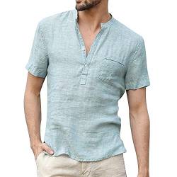 Leinen Hemd Herren Kurzarm Hemd Leinen Einfarbig Shirts Henley Hemden mit Knopfleiste Shirt Sommer Casual Leinenshirt Blau M von Remxi