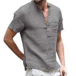 Leinen Hemd Herren Kurzarm Hemd Leinen Einfarbig Shirts Henley Hemden mit Knopfleiste Shirt Sommer Casual Leinenshirt Grau L von Remxi