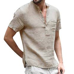 Leinen Hemd Herren Kurzarm Hemd Leinen Einfarbig Shirts Henley Hemden mit Knopfleiste Shirt Sommer Casual Leinenshirt Khaki L von Remxi