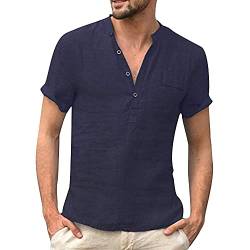 Leinen Hemd Herren Kurzarm Hemd Leinen Einfarbig Shirts Henley Hemden mit Knopfleiste Shirt Sommer Casual Leinenshirt Navy XL von Remxi
