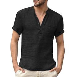 Leinen Hemd Herren Kurzarm Hemd Leinen Einfarbig Shirts Henley Hemden mit Knopfleiste Shirt Sommer Casual Leinenshirt Schwarz 3XL von Remxi