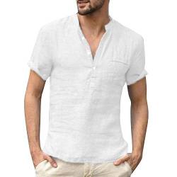 Leinen Hemd Herren Kurzarm Hemd Leinen Einfarbig Shirts Henley Hemden mit Knopfleiste Shirt Sommer Casual Leinenshirt Weiß L von Remxi