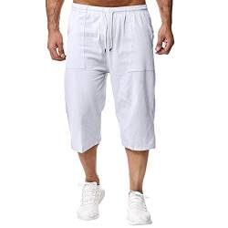 Remxi Herren 3/4 Leinen Shorts Baggy Loose Fit Shorts Sommer Casual Cargohose, Weiß, L von Remxi