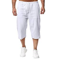 Remxi Herren 3/4 Leinen Shorts Baggy Loose Fit Shorts Sommer Casual Cargohose, Weiß, M von Remxi